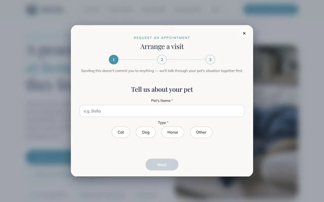 Vet2go appointment booking form on desktop