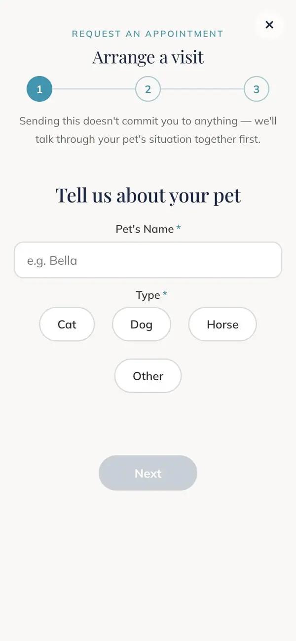 Vet2go appointment booking form on mobile